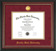 Image of Florida State University Diploma Frame - Rosewood w/Gold Lip - w/24k Gold-Plated Medallion FSU Name Embossing - Garnet Suede on Gold mats