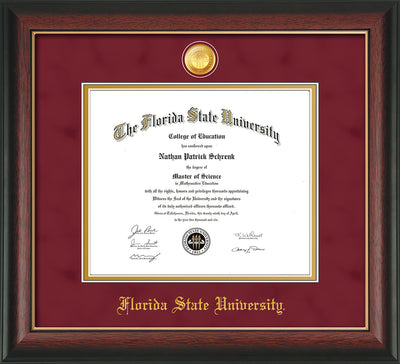Image of Florida State University Diploma Frame - Rosewood w/Gold Lip - w/24k Gold-Plated Medallion FSU Name Embossing - Garnet Suede on Gold mats