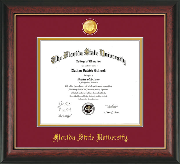 Image of Florida State University Diploma Frame - Rosewood w/Gold Lip - w/24k Gold-Plated Medallion FSU Name Embossing - Garnet on Gold mats