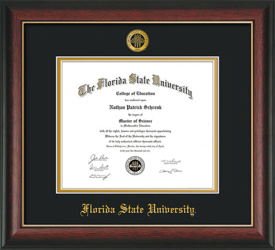 Image of Florida State University Diploma Frame - Rosewood w/Gold Lip - w/Embossed FSU Seal & Name - Black on Gold mats