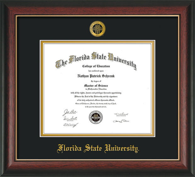 Image of Florida State University Diploma Frame - Rosewood w/Gold Lip - w/Embossed FSU Seal & Name - Black on Gold mats
