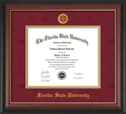 Image of Florida State University Diploma Frame - Rosewood w/Gold Lip - w/Embossed FSU Seal & Name - Garnet Suede on Gold mats