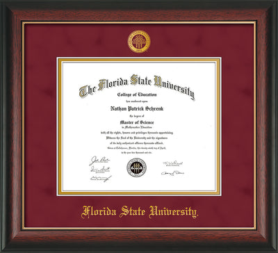 Image of Florida State University Diploma Frame - Rosewood w/Gold Lip - w/Embossed FSU Seal & Name - Garnet Suede on Gold mats