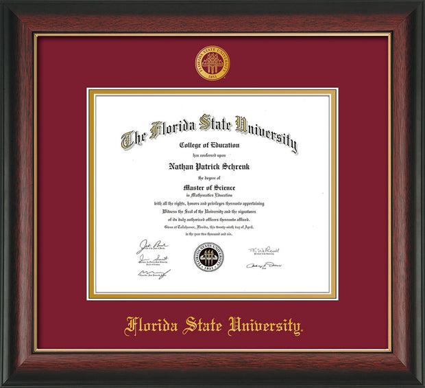Image of Florida State University Diploma Frame - Rosewood w/Gold Lip - w/Embossed FSU Seal & Name - Garnet on Gold mats