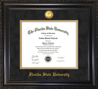 Image of Florida State University Diploma Frame - Vintage Black Scoop - w/24k Gold-Plated Medallion FSU Name Embossing - Black Suede on Gold mats