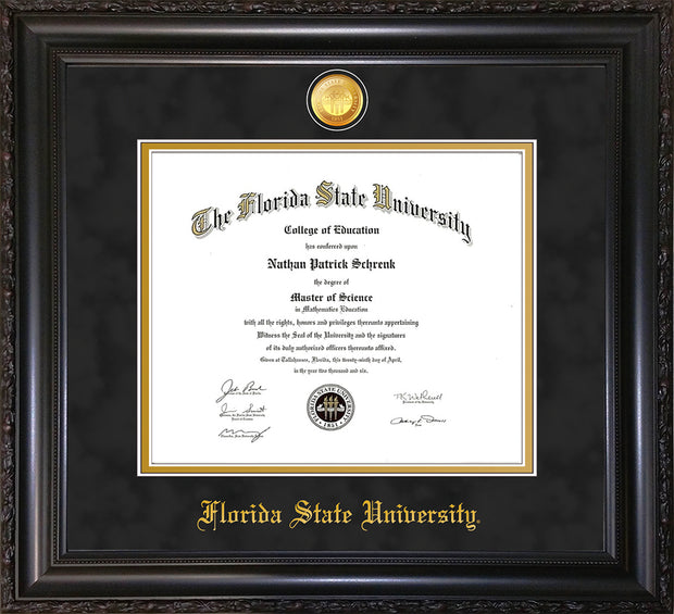 Image of Florida State University Diploma Frame - Vintage Black Scoop - w/24k Gold-Plated Medallion FSU Name Embossing - Black Suede on Gold mats