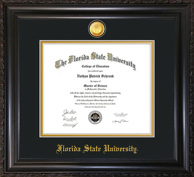 Image of Florida State University Diploma Frame - Vintage Black Scoop - w/24k Gold-Plated Medallion FSU Name Embossing - Black on Gold mats