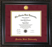 Image of Florida State University Diploma Frame - Vintage Black Scoop - w/24k Gold-Plated Medallion FSU Name Embossing - Garnet Suede on Gold mats