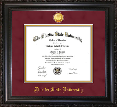 Image of Florida State University Diploma Frame - Vintage Black Scoop - w/24k Gold-Plated Medallion FSU Name Embossing - Garnet Suede on Gold mats