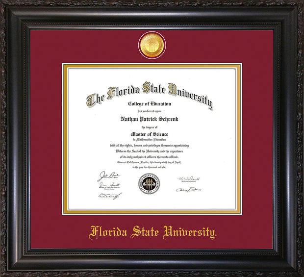 Image of Florida State University Diploma Frame - Vintage Black Scoop - w/24k Gold-Plated Medallion FSU Name Embossing - Garnet on Gold mats