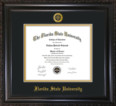 Image of Florida State University Diploma Frame - Vintage Black Scoop - w/Embossed FSU Seal & Name - Black on Gold mats