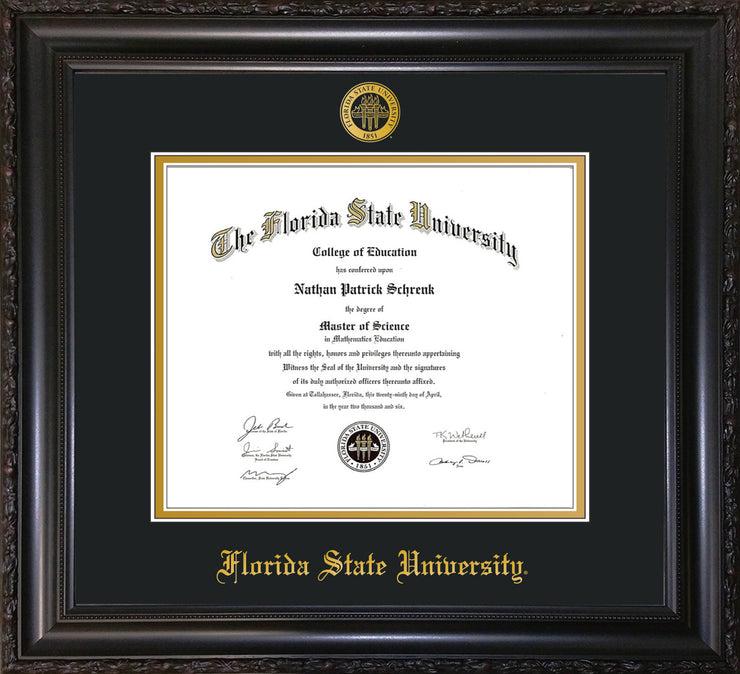 Image of Florida State University Diploma Frame - Vintage Black Scoop - w/Embossed FSU Seal & Name - Black on Gold mats