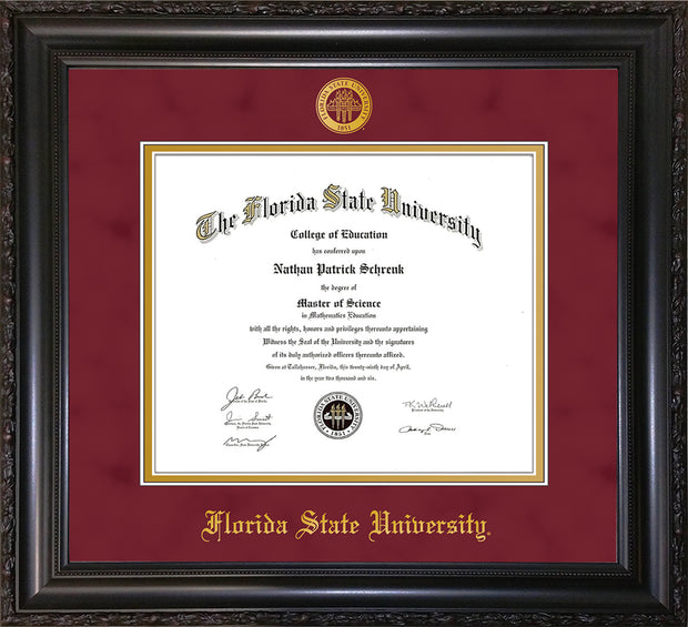 Image of Florida State University Diploma Frame - Vintage Black Scoop - w/Embossed FSU Seal & Name - Garnet Suede on Gold mats