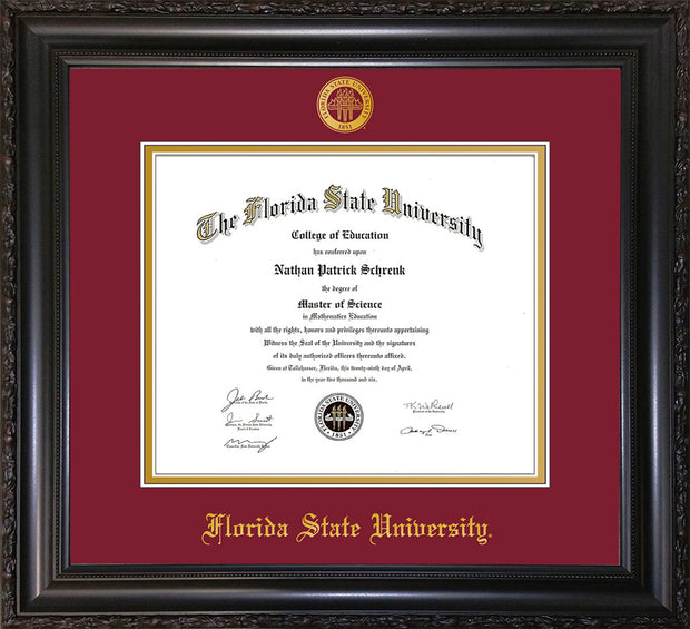 Image of Florida State University Diploma Frame - Vintage Black Scoop - w/Embossed FSU Seal & Name - Garnet on Gold mats