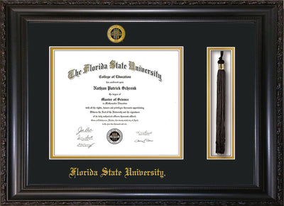 Image of Florida State University Diploma Frame - Vintage Black Scoop - w/Embossed FSU Seal & Name - Tassel Holder - Black on Gold mats