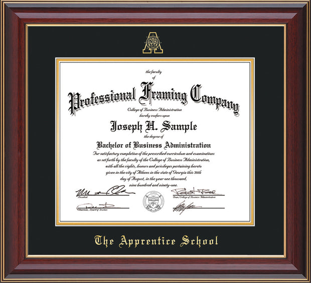 Image of The Apprentice School Diploma Frame - Cherry Lacquer - w/Embossed AS Seal & Name - Black on Gold mat