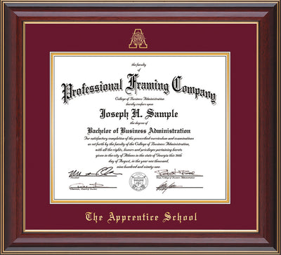 Image of The Apprentice School Diploma Frame - Cherry Lacquer - w/Embossed AS Seal & Name - Maroon on Gold mat