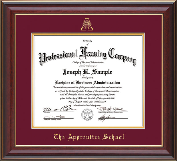 Image of The Apprentice School Diploma Frame - Cherry Lacquer - w/Embossed AS Seal & Name - Maroon on Gold mat