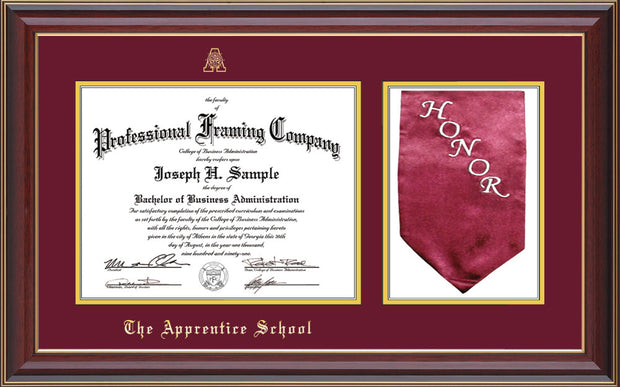Image of The Apprentice School Diploma Frame - Cherry Lacquer - w/Embossed AS Seal & Name - w/Sash Holder - Maroon on Gold mat