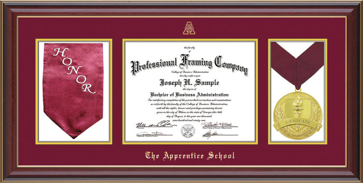 Image of The Apprentice School Diploma Frame - Cherry Lacquer - w/Embossed AS Seal & Name - w/Sash & Medallion Holder - Maroon on Gold mat