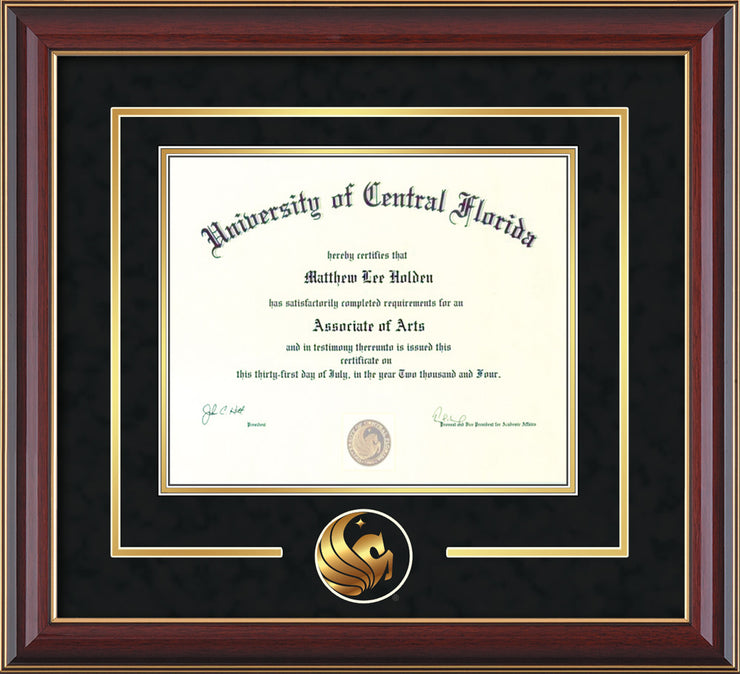 Image of University of Central Florida Diploma Frame - Cherry Lacquer - 3D Laser Pegasus Logo Cutout - Black Suede on Gold mat