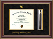 Image of University of Central Florida Diploma Frame - Cherry Lacquer - w/Embossed UCF Seal & Name - Tassel Holder - Black Suede on Gold mat