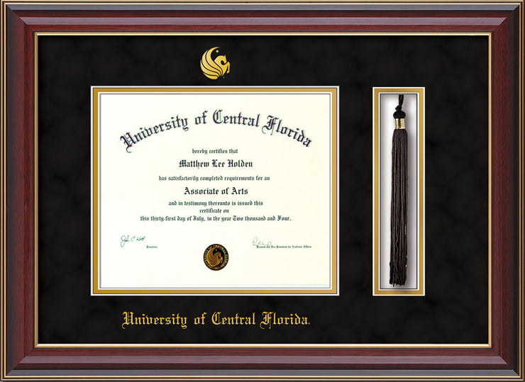 Image of University of Central Florida Diploma Frame - Cherry Lacquer - w/Embossed UCF Seal & Name - Tassel Holder - Black Suede on Gold mat