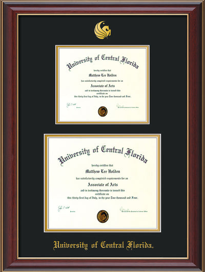 Image of University of Central Florida Diploma Frame - Cherry Lacquer - w/Embossed UCF Seal & Name - Double Diploma for 8.5x11 & 11x14 diplomas - Black on Gold mats
