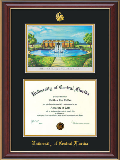 Image of University of Central Florida Diploma Frame - Cherry Lacquer - w/Embossed UCF Seal & Name - Watercolor - Black on Gold mat
