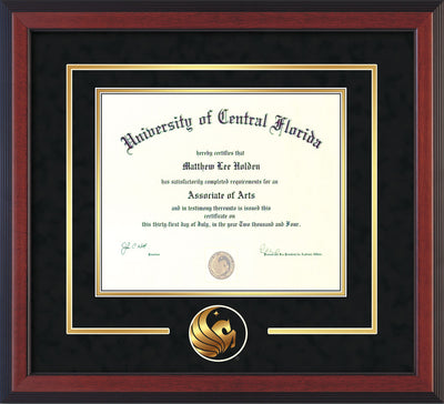 University of Central Florida Diploma Frame - Cherry Reverse - 3D Laser Pegasus Logo Cutout - Black Suede on Gold mat