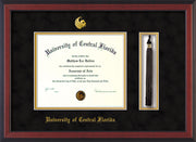Image of University of Central Florida Diploma Frame - Flat Matte Black - w/Embossed UCF Seal & Name - Tassel Holder - Black Suede on Gold mat