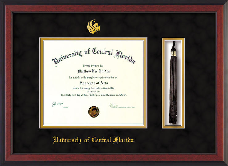 Image of University of Central Florida Diploma Frame - Flat Matte Black - w/Embossed UCF Seal & Name - Tassel Holder - Black Suede on Gold mat