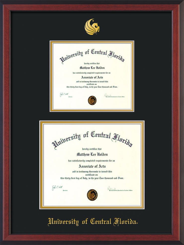 Image of University of Central Florida Diploma Frame - Cherry Reverse - w/Embossed UCF Seal & Name - Double Diploma for 8.5x11 & 11x14 diplomas - Black on Gold mats