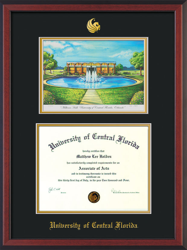 Image of University of Central Florida Diploma Frame - Cherry Reverse - w/Embossed UCF Seal & Name - Watercolor - Black on Gold mat