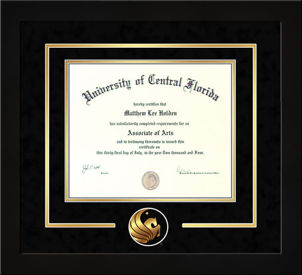 Image of University of Central Florida Diploma Frame - Flat Matte Black - 3D Laser Pegasus Logo Cutout - Black Suede on Gold mat
