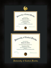 Image of University of Central Florida Diploma Frame - Flat Matte Black - w/Embossed UCF Seal & Name - Double Diploma for 8.5x11 & 11x14 diplomas - Black on Gold mats