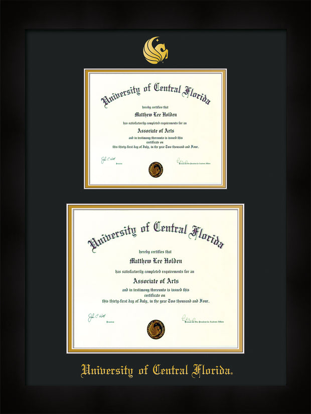 Image of University of Central Florida Diploma Frame - Flat Matte Black - w/Embossed UCF Seal & Name - Double Diploma for 8.5x11 & 11x14 diplomas - Black on Gold mats