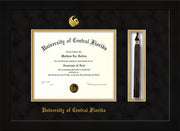 Image of University of Central Florida Diploma Frame - Flat Matte Black - w/Embossed UCF Seal & Name - Tassel Holder - Black Suede on Gold mat