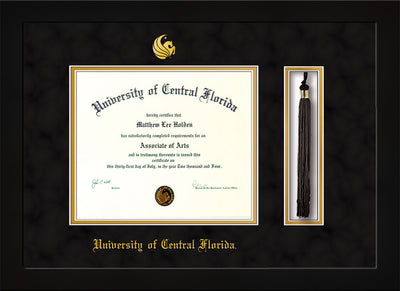 Image of University of Central Florida Diploma Frame - Flat Matte Black - w/Embossed UCF Seal & Name - Tassel Holder - Black Suede on Gold mat