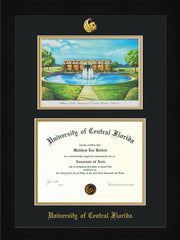 Image of University of Central Florida Diploma Frame - Flat Matte Black - w/Embossed UCF Seal & Name - Watercolor - Black on Gold mat