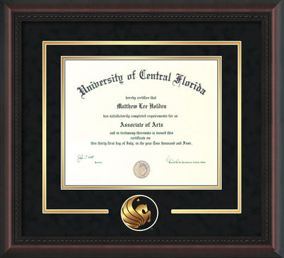University of Central Florida Diploma Frame - Mahogany Braid - 3D Laser Pegasus Logo Cutout - Black Suede on Gold mat