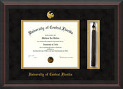 Image of University of Central Florida Diploma Frame - Mahogany Bead - w/Embossed UCF Seal & Name - Tassel Holder - Black Suede on Gold mat
