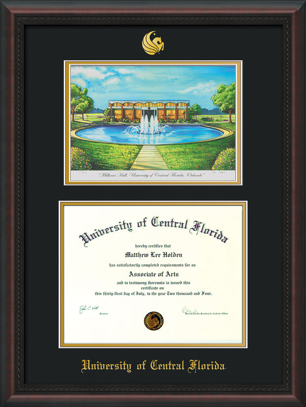 Image of University of Central Florida Diploma Frame - Mahogany Braid - w/Embossed UCF Seal & Name - Watercolor - Black on Gold mat