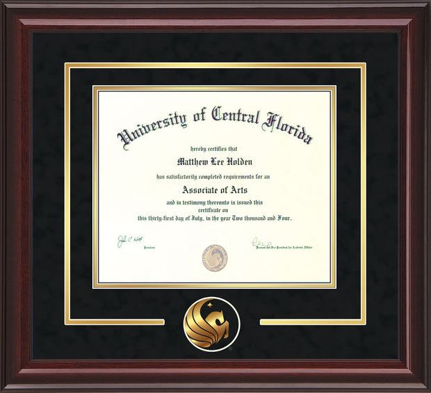 University of Central Florida Diploma Frame - Mahogany Lacquer - 3D Laser Pegasus Logo Cutout - Black Suede on Gold mat