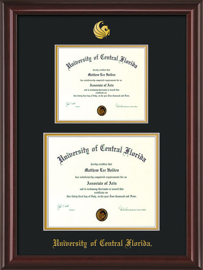 Image of University of Central Florida Diploma Frame - Cherry Lacquer - w/Embossed UCF Seal & Name - Double Diploma for 8.5x11 & 11x14 diplomas - Black on Gold mats