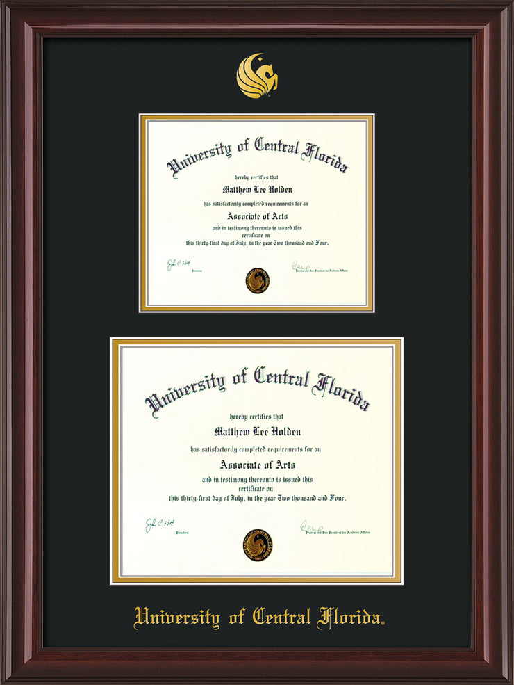 Image of University of Central Florida Diploma Frame - Cherry Lacquer - w/Embossed UCF Seal & Name - Double Diploma for 8.5x11 & 11x14 diplomas - Black on Gold mats