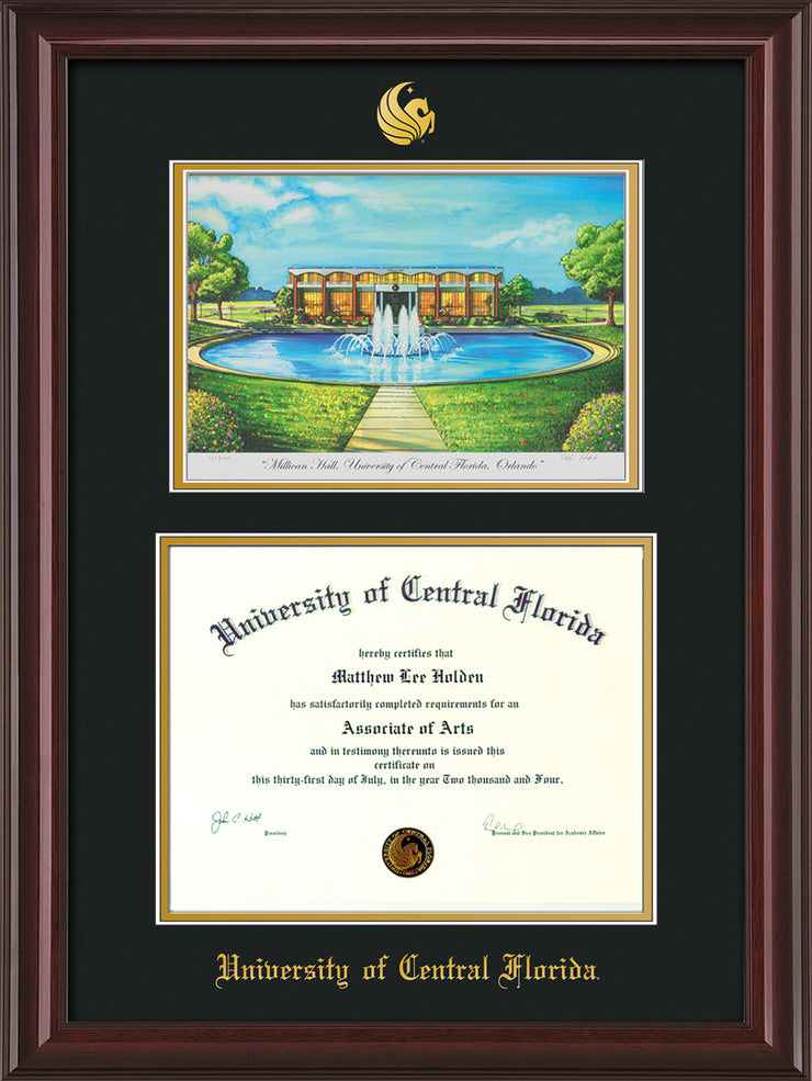 Image of University of Central Florida Diploma Frame - Mahogany Lacquer - w/Embossed UCF Seal & Name - Watercolor - Black on Gold mat