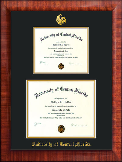 Image of University of Central Florida Diploma Frame - Mezzo Gloss - w/Embossed UCF Seal & Name - Double Diploma for 8.5x11 & 11x14 diplomas - Black on Gold mats