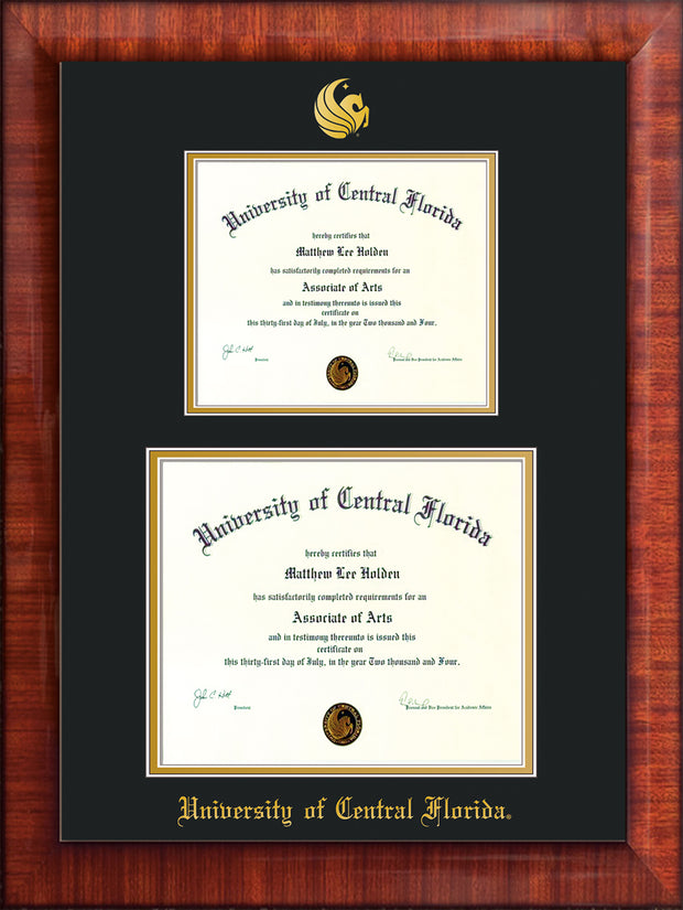 Image of University of Central Florida Diploma Frame - Mezzo Gloss - w/Embossed UCF Seal & Name - Double Diploma for 8.5x11 & 11x14 diplomas - Black on Gold mats