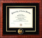 Image of University of Central Florida Diploma Frame - Mezzo Gloss - 3D Laser Pegasus Logo Cutout - Black Suede on Gold mat